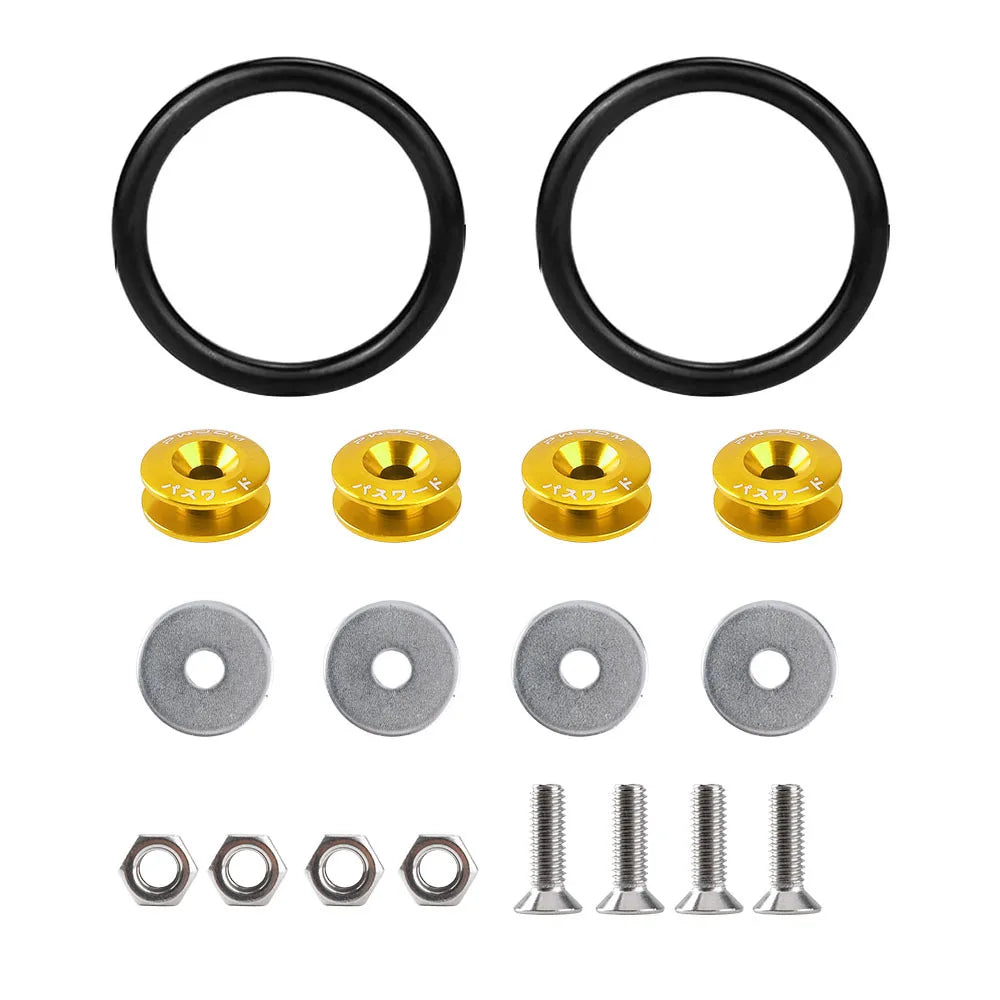 Set of black aluminum bumper fixation clips and various stainless steel screws for auto repair