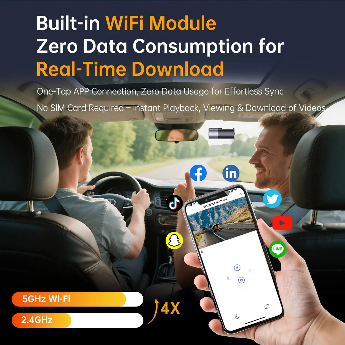 Une main tient un smartphone affichant un flux vidéo en direct d'une voiture, démontrant zéro consommation de données pour le