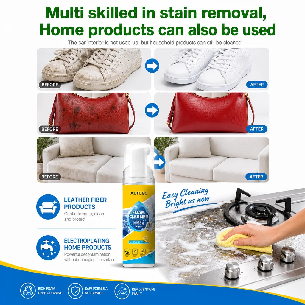 A bottle of AutoGo foam cleaner is shown with various cleaning applications on leather, fabric, and stainless steel.