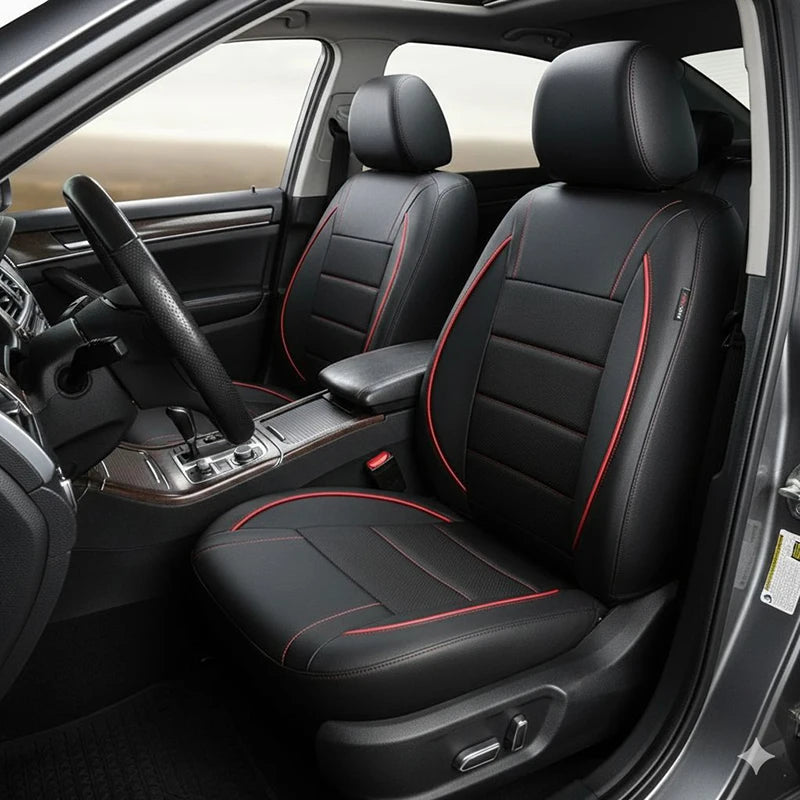 Interior view of a car showing black leather seat covers with red stitching and a black steering wheel.