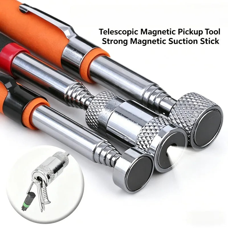 A close-up view of a telescopic magnetic pickup tool with a strong magnetic suction stick and LED light.