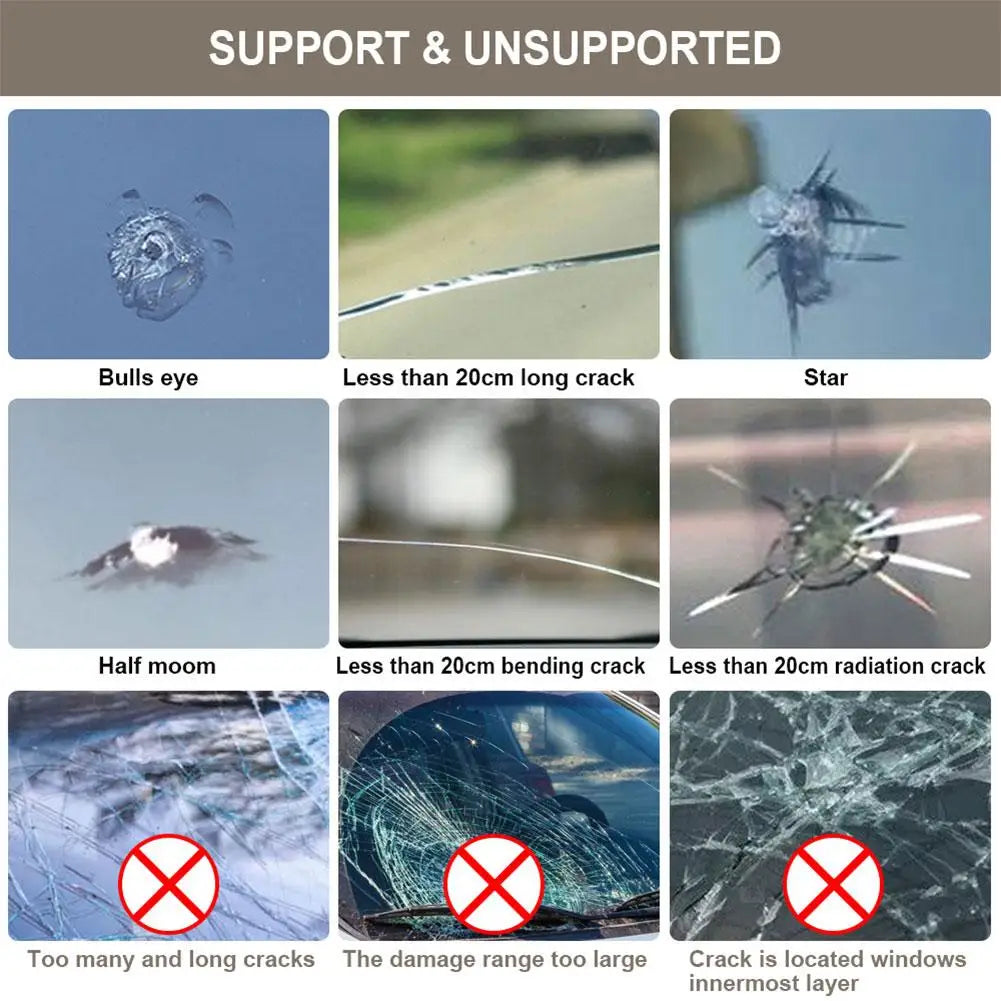Comparison of supported and unsupported car windshield glass cracks, including bull's eye, star, moon, bending, and radiation