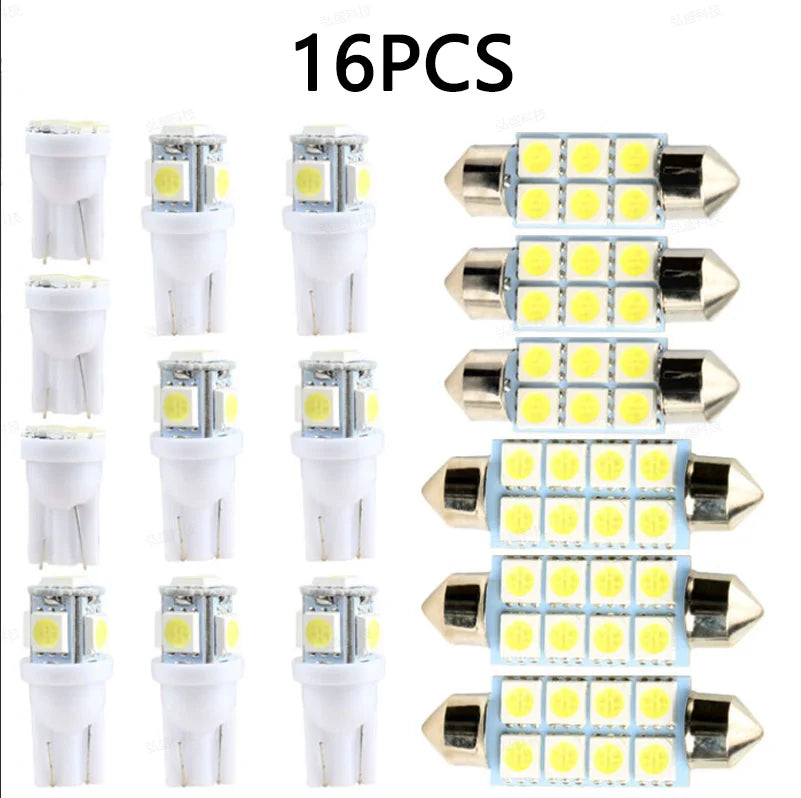 A set of 16 high-intensity LED car interior bulbs in various sizes and shapes.