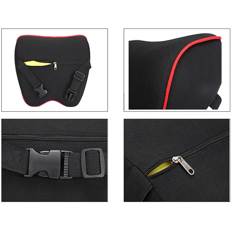 Black memory foam car headrest neck pillow with a zipper and adjustable strap