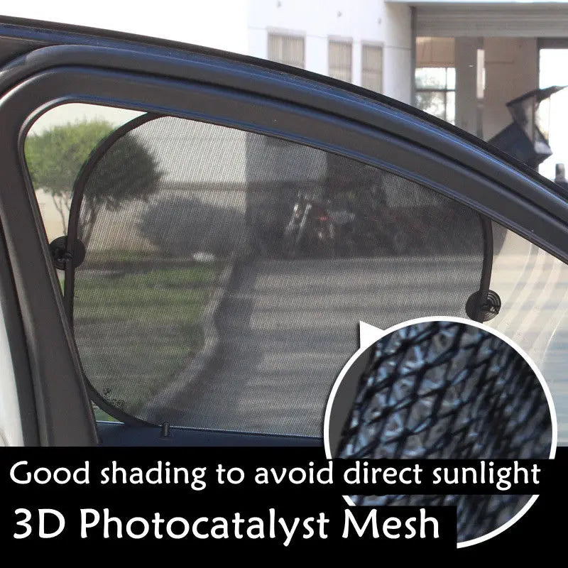 A close-up view of a car window fitted with a 3D photocatalyst mesh sun shade.