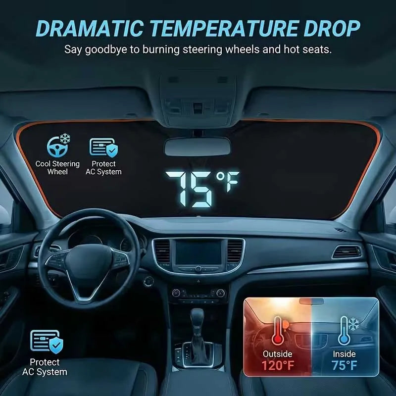 Interior view of a car showing a dramatic temperature drop feature for steering wheels and seats.