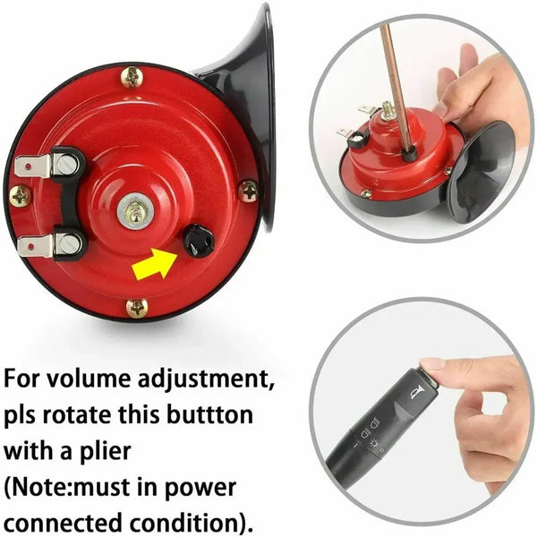 Primer plano de un kit de bocina eléctrica rojo y negro con botón y herramienta para ajustar el volumen.