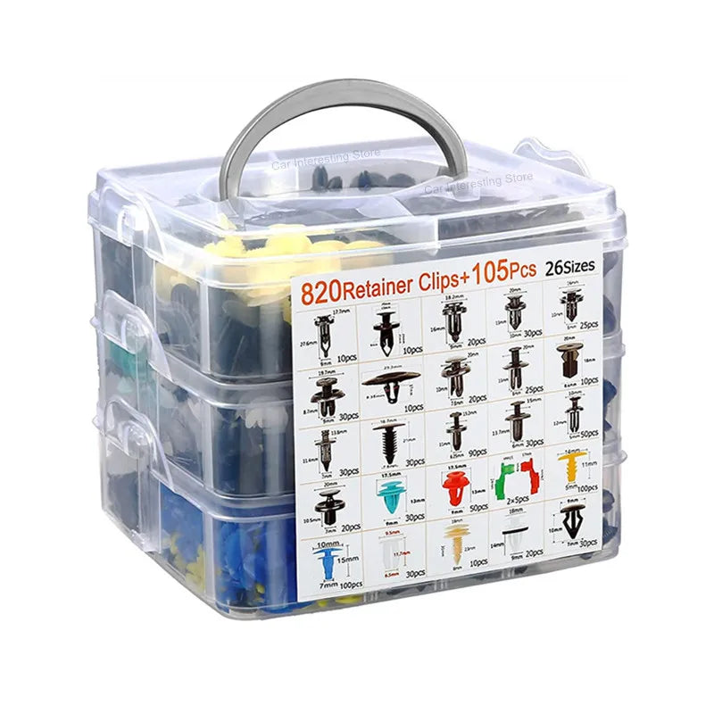 A clear plastic container holding a set of 105 retainer clips for vehicle repair.