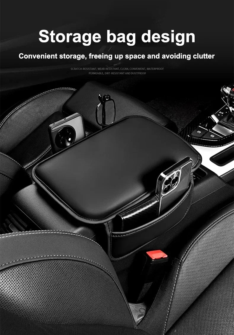 Black leather storage bag design placed in a car armrest for convenient storage.