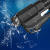 A black tool is shown applying underwater pressure to break glass, with a hand holding an orange tool next to broken glass.