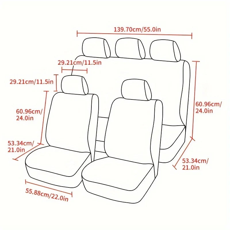 Un ensemble de housses universelles en polyester pour sièges de voiture, montrant les dimensions des coussins et dossiers.