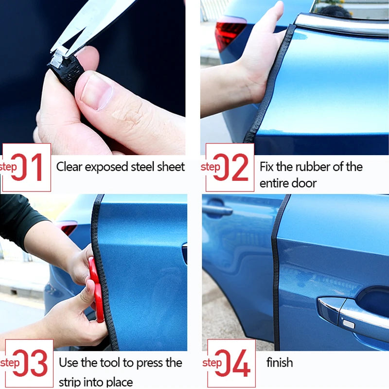 Guide étape par étape pour installer un protecteur de joint en caoutchouc sur une portière de voiture.