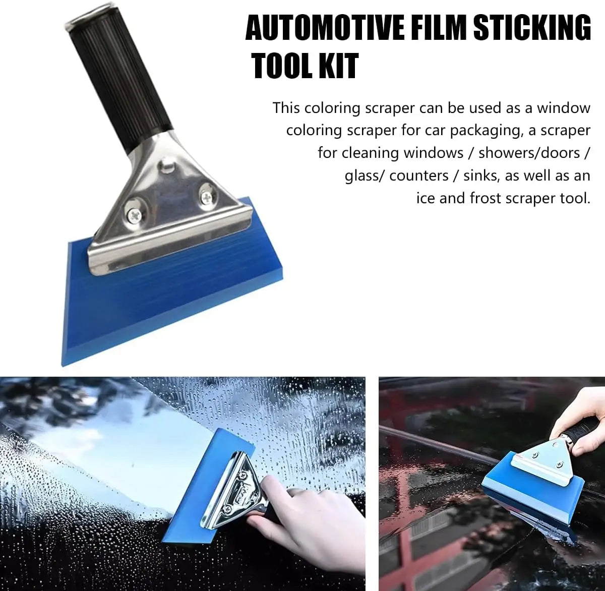 A silver and blue automotive film sticking tool kit is shown being used to clean a car window.