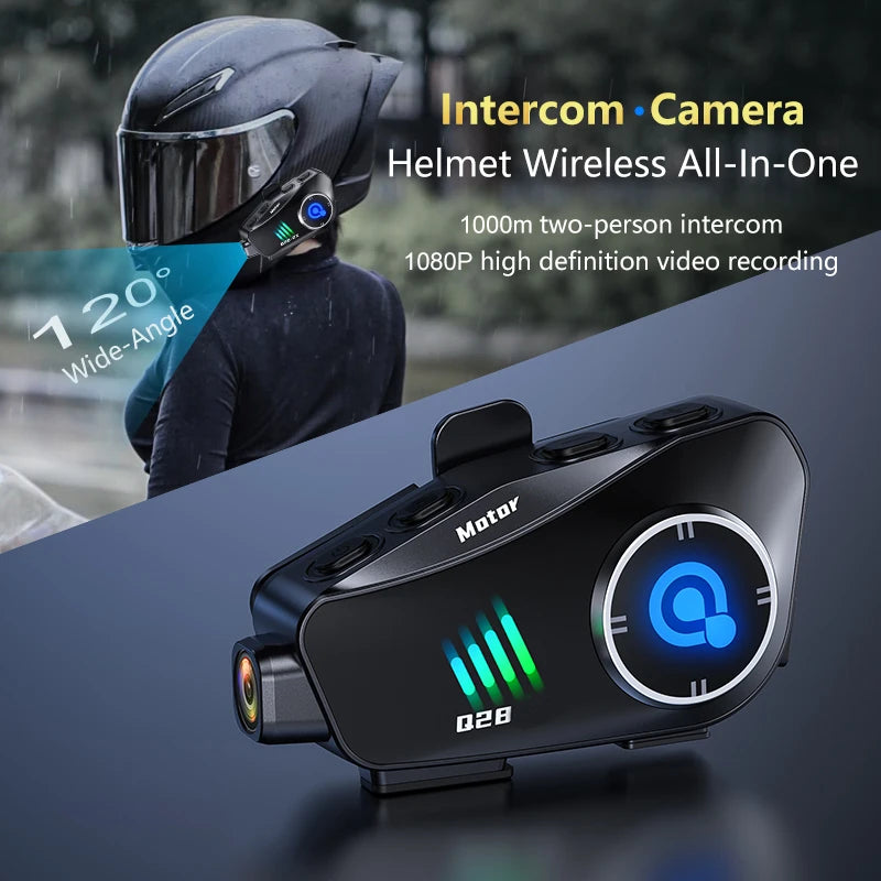 A black helmet camera and intercom system is shown against a blurred outdoor background.