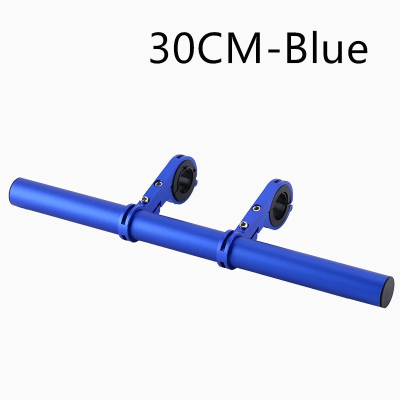 Blauer verstellbarer Fahrradlenker-Erweiterungshalter mit zwei Befestigungsarmen.