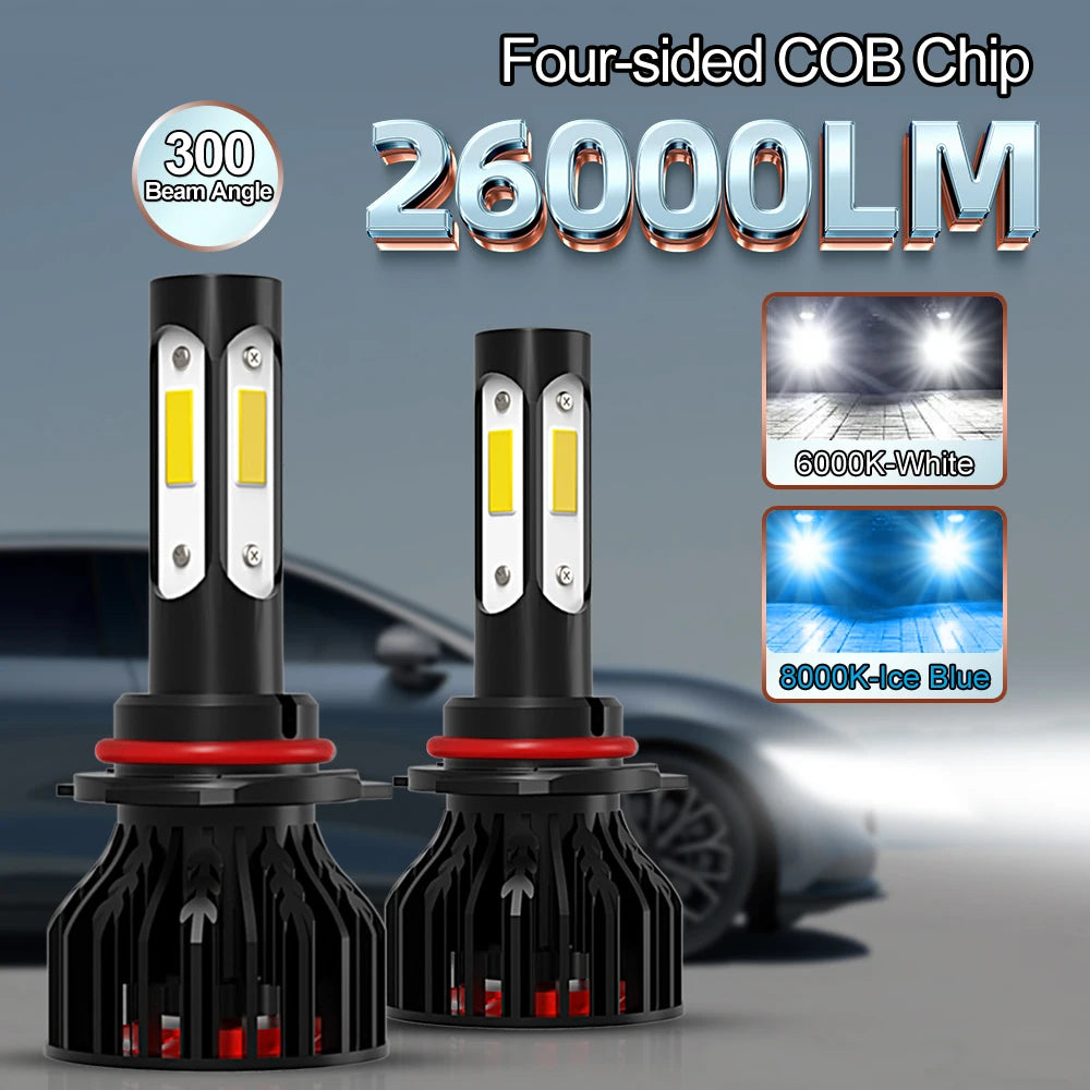 Four-sided COB LED car bulbs with 26000LM output and a 300 beam angle.