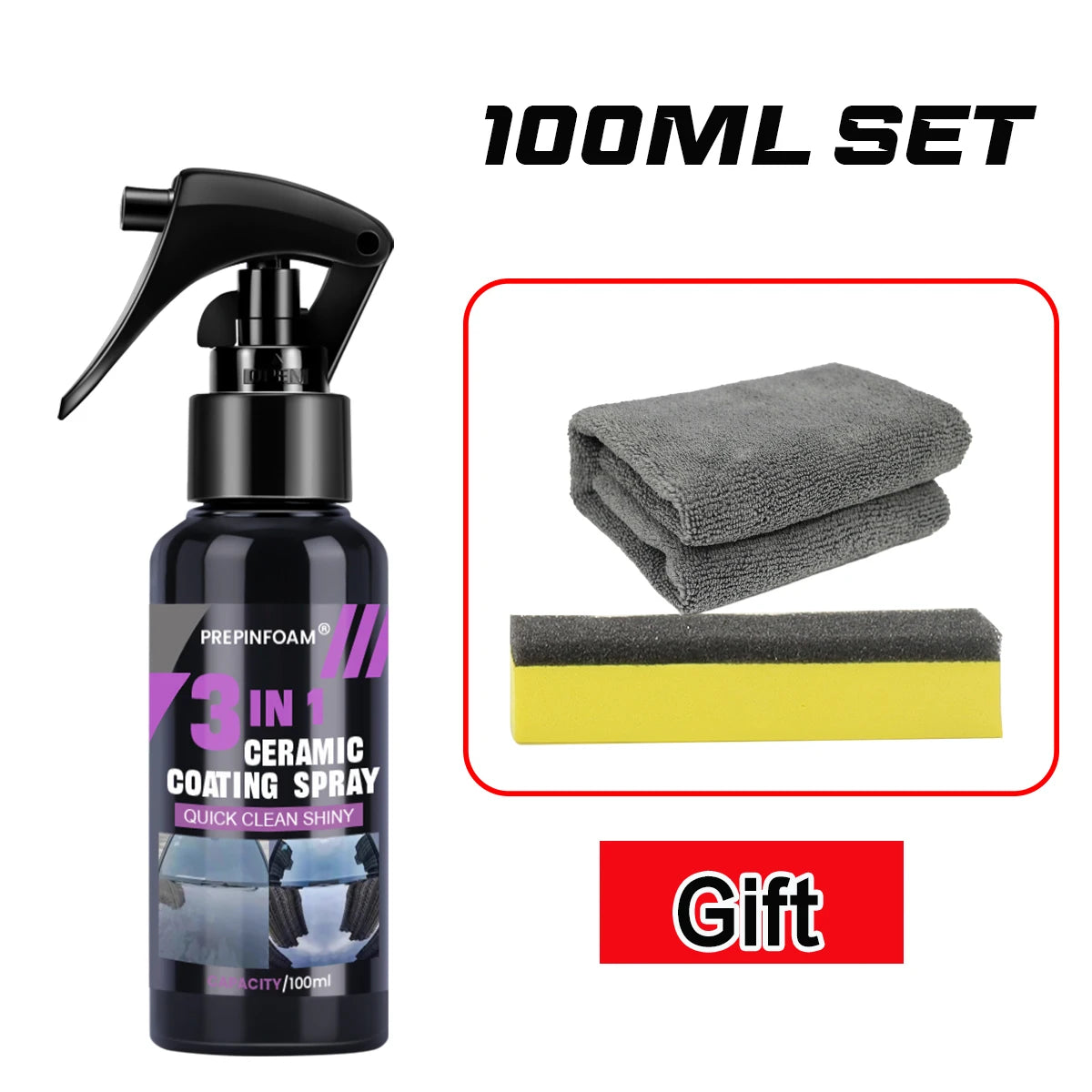 100ml set of ceramic coating spray for vehicle protection with a pump bottle and microfiber cloths