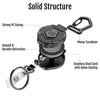 A black heavy-duty retractable keychain badge holder with a metal carabiner and stainless steel cord.