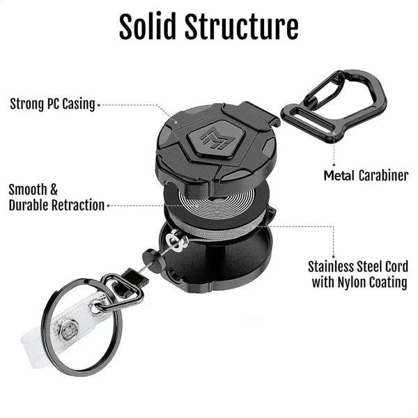 A black heavy-duty retractable keychain badge holder with a metal carabiner and stainless steel cord.