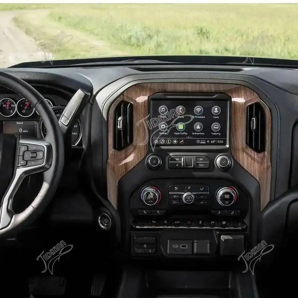 Interior view of a vehicle dashboard showing the center console navigation panel trim cover.
