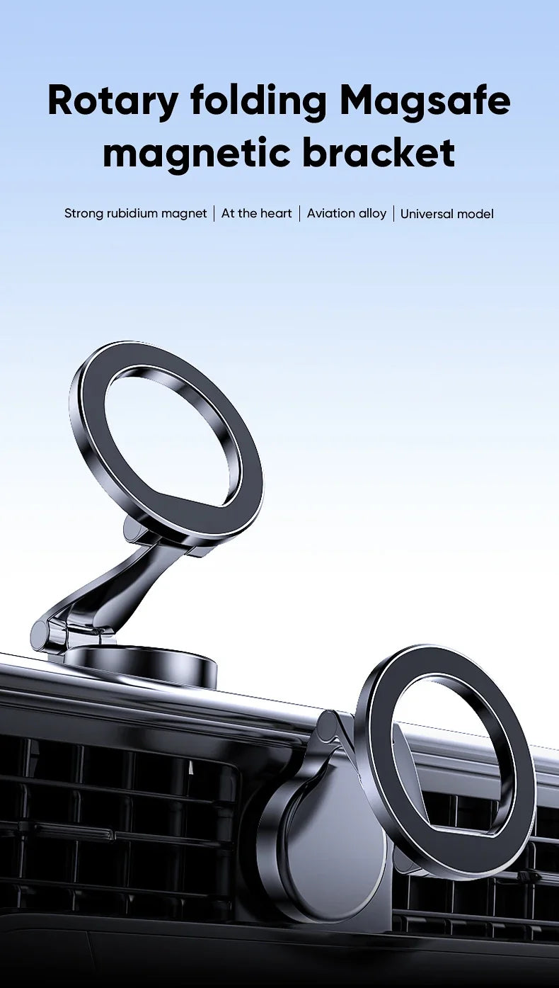 A close-up of a rotary folding magnetic bracket attached to a car grille.