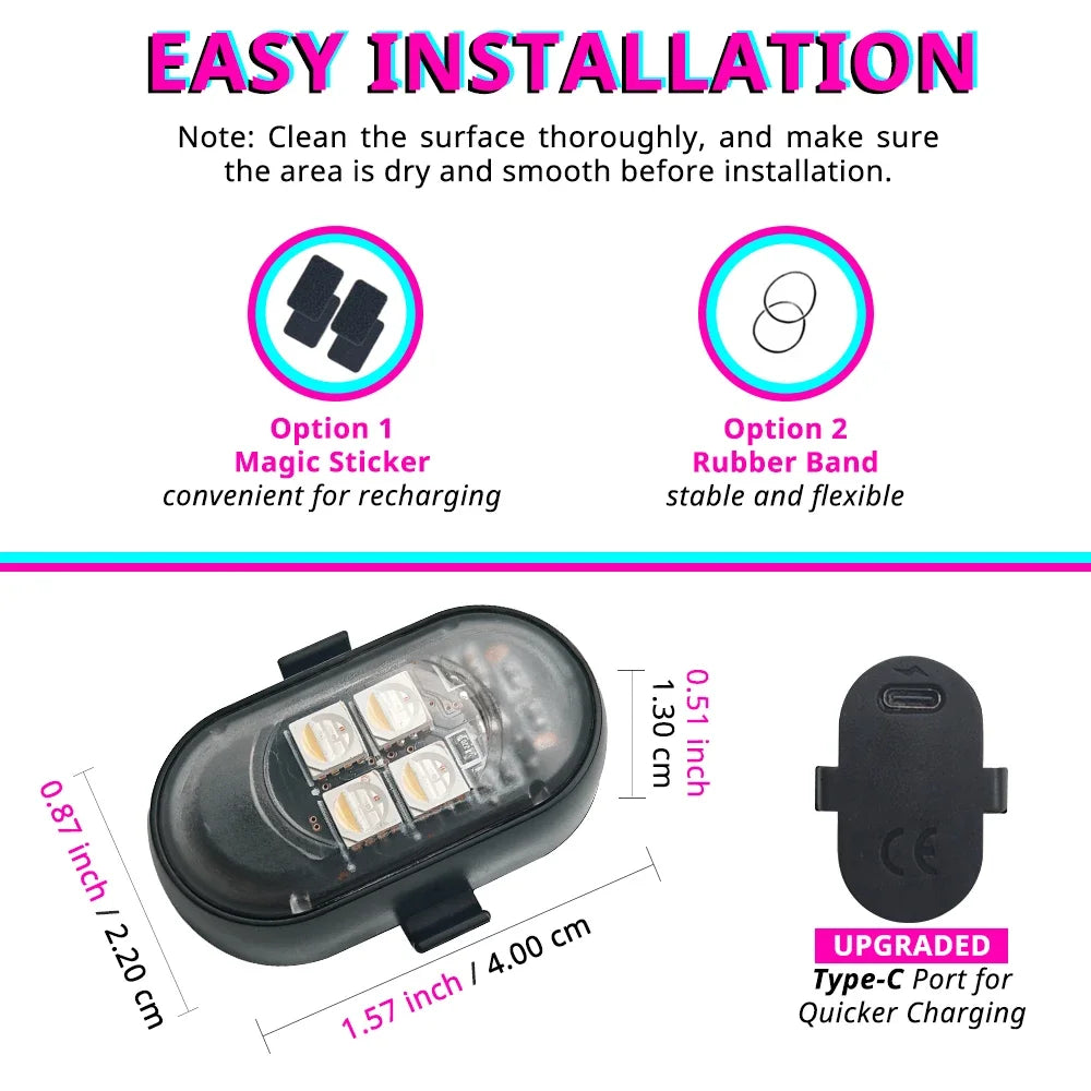 RGB-LED-Stroboslicht-Modul mit Type-C-Anschluss und verschiedenen Installationsoptionen zum schnellen Aufladen.