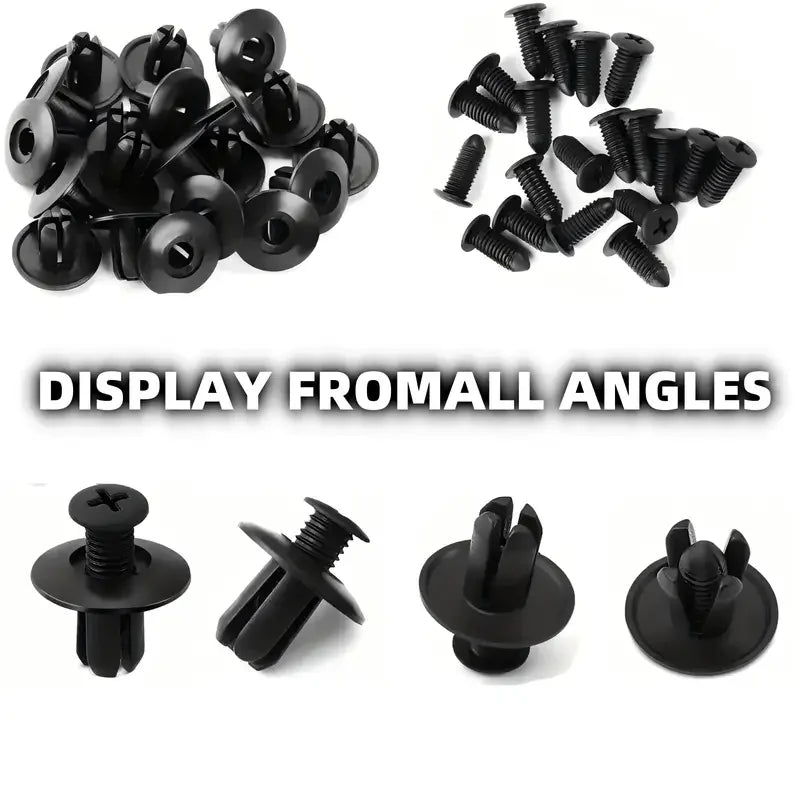 Display of various black plastic rivet fasteners at different angles