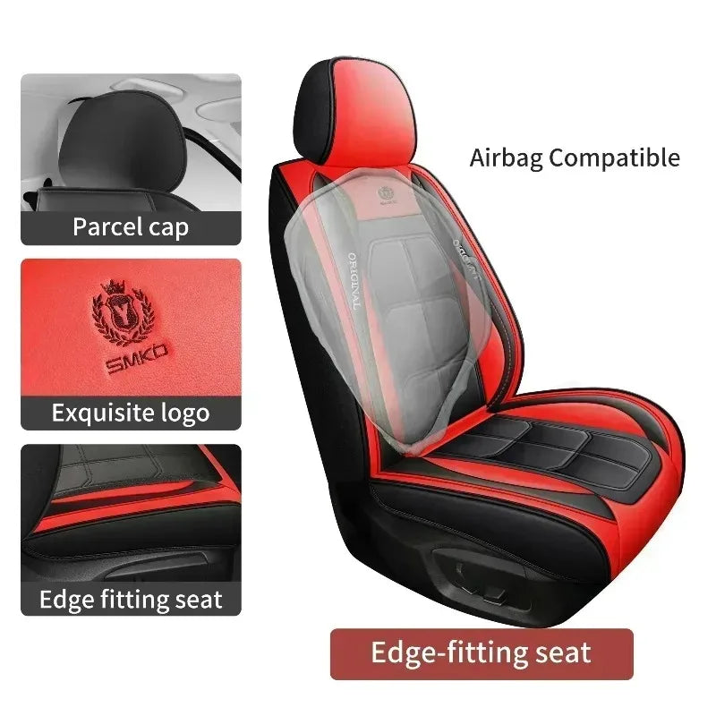 Red and black edge-fitting car seat covers with an airbag compatible design.