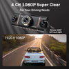Caméra dashcam noire 4 canaux 1080P avec une scène de conduite affichée sur un écran séparé.