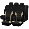 Black universal fit seat and cushion covers with tan accents shown in a row.