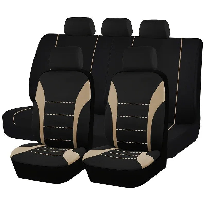 Black universal fit seat and cushion covers with tan accents shown in a row.