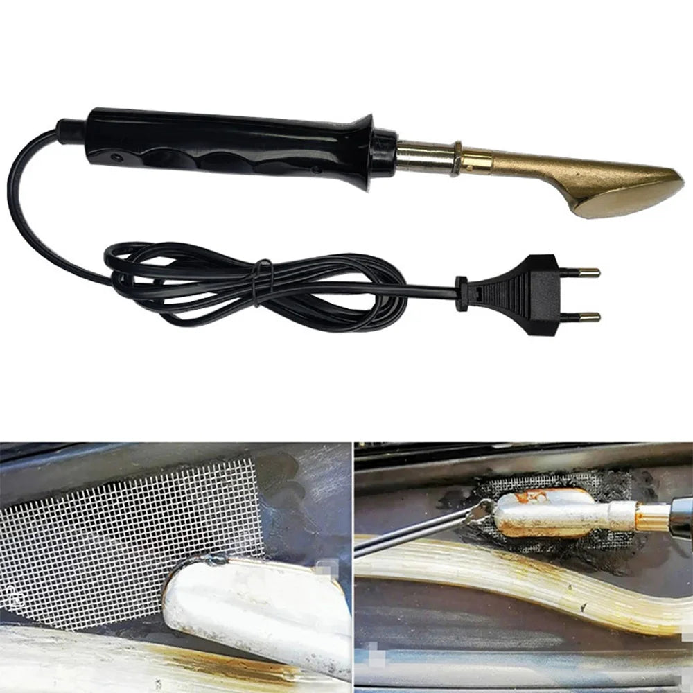 A heavy duty plastic repair welder kit featuring a black handle, brass tip, and electrical cord.