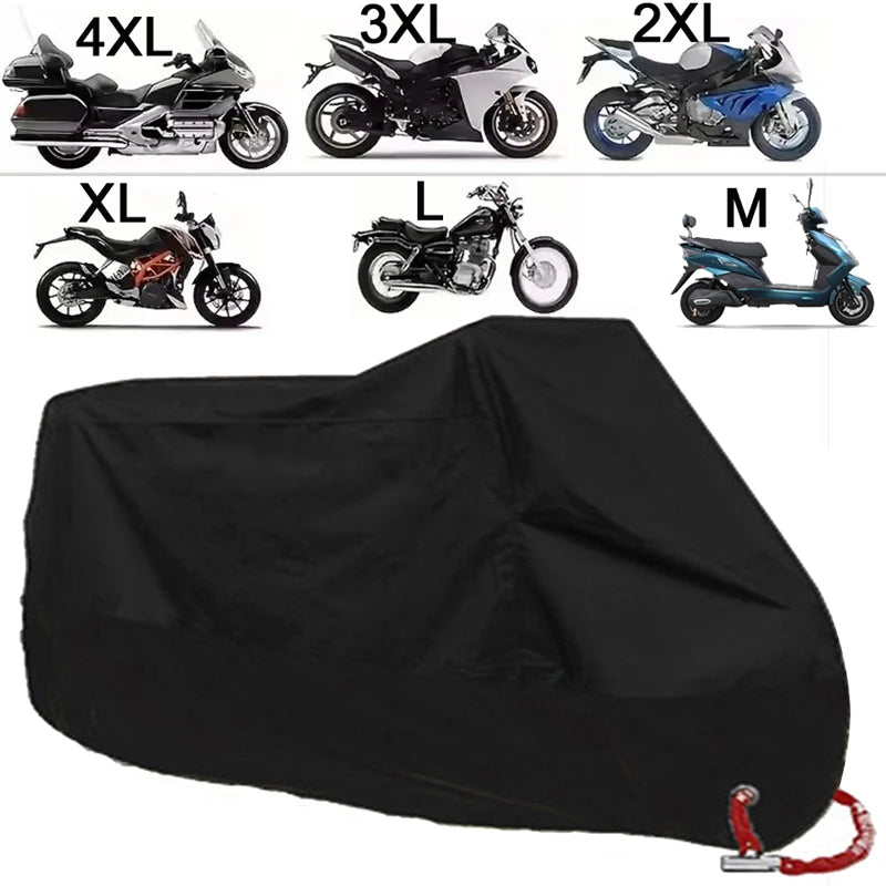 A variety of motorcycle covers in different sizes (XL, L, M, 2XL, 3XL, 4XL) are displayed alongside a large black cover.