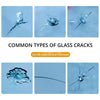 Images showing common types of glass cracks including spiderweb cracks and linear cracks that can be repaired.