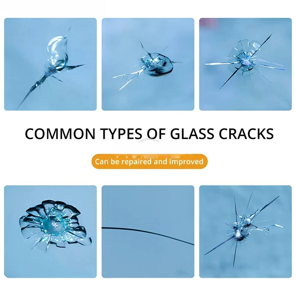 Images showing common types of glass cracks including spiderweb cracks and linear cracks that can be repaired.