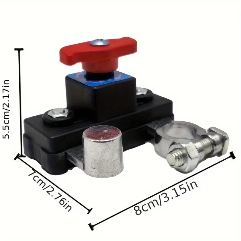 A black and red universal car battery cut-off switch with a silver threaded connection.