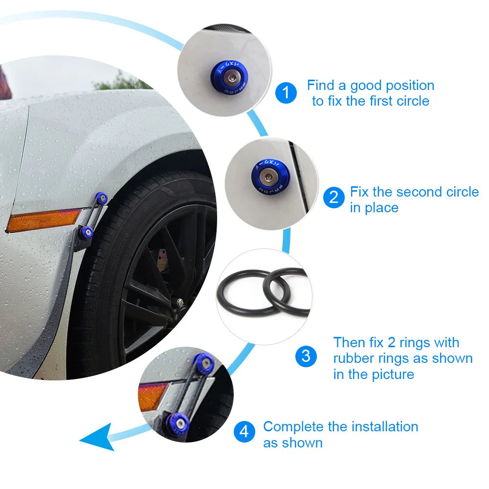 Diagram showing the four steps to install aluminum bumper fixation clips on a car tire.