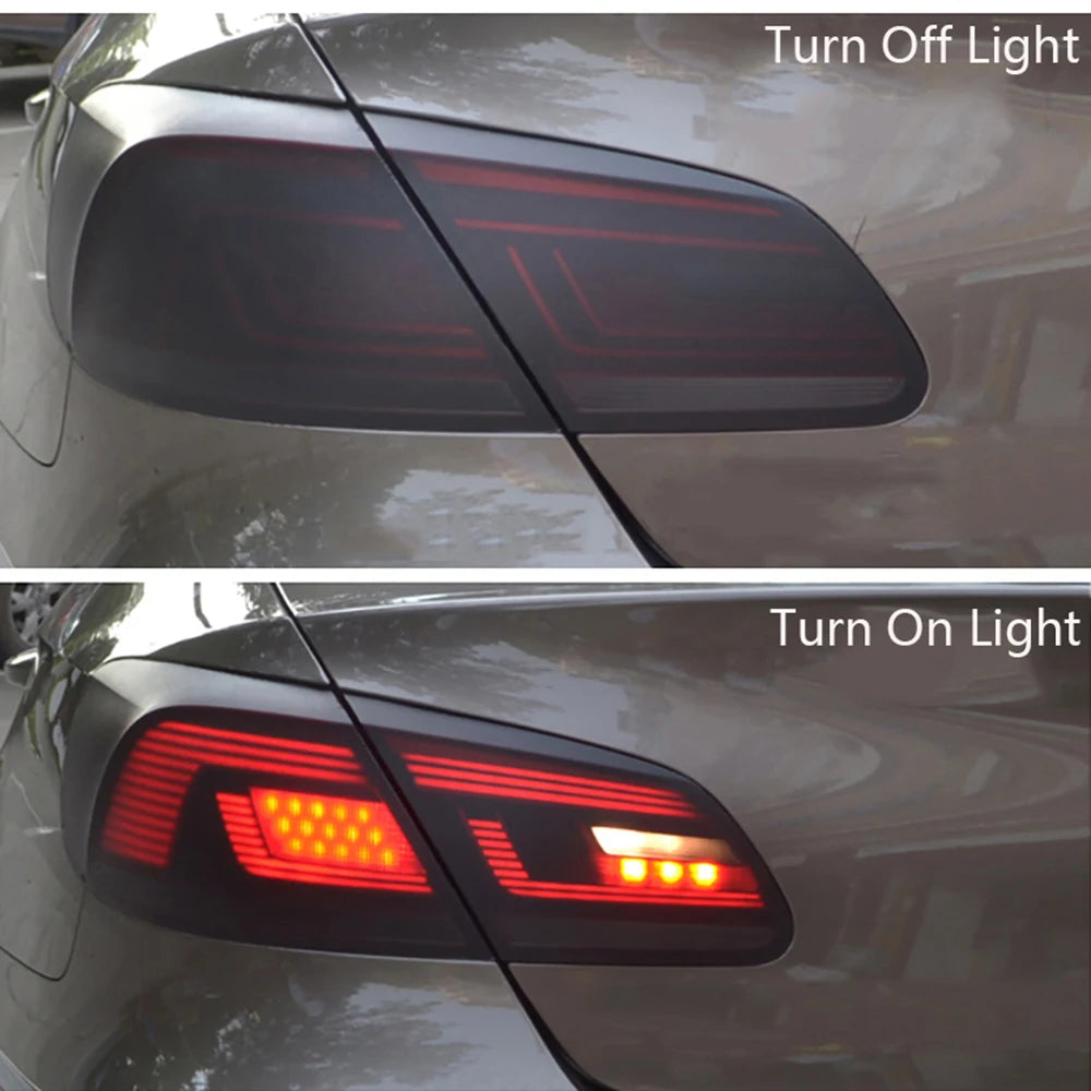 A close-up of a car's taillight showing the difference between the light turned off and turned on.