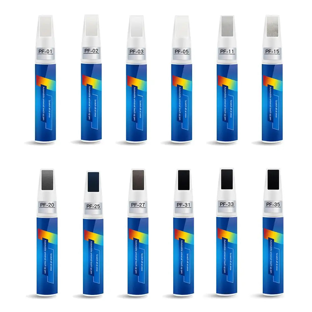 A row of Car Touch-Up Paint Pens in various colors and tips, shown standing upright.