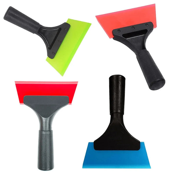 A set of three rubber and plastic scrapers used for removing water, including green, red, and black versions.