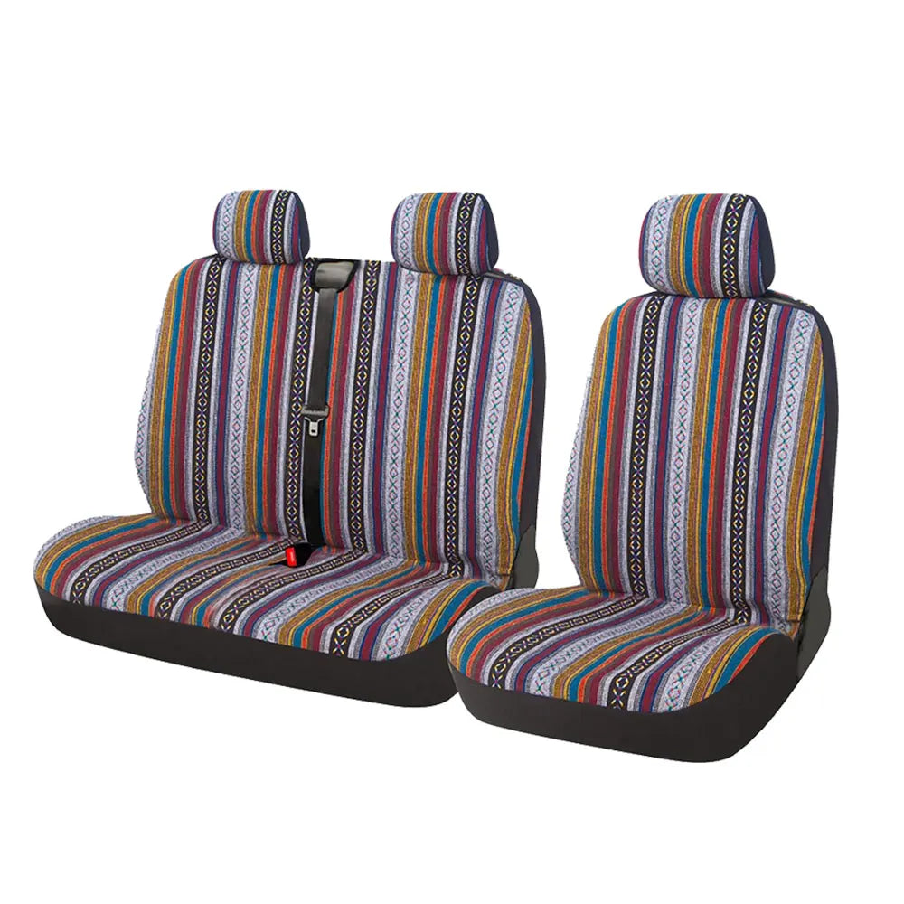 A set of striped universal seat covers designed for vans and trucks.
