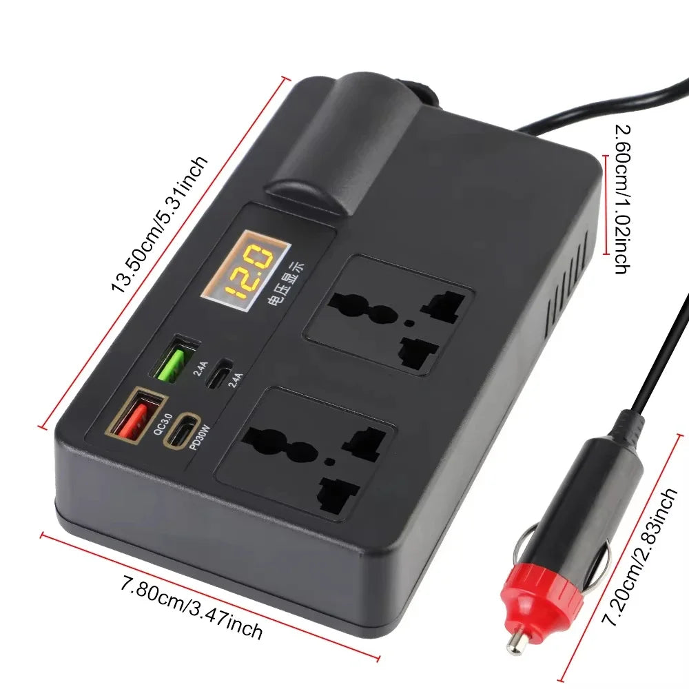A black high-power DC to AC power converter inverter with various output ports and dimensions marked.