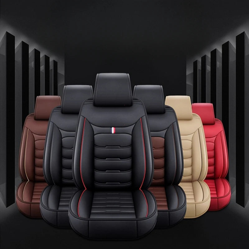 A set of black PU leather car seat covers for SUV and car interior displayed against a dark background.