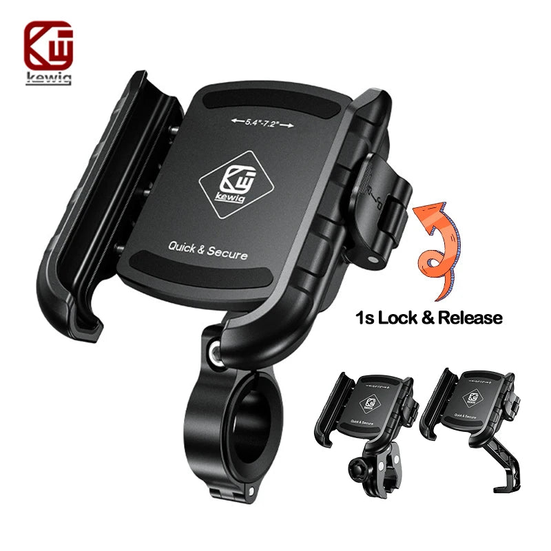 Support universel pour téléphone moto noir avec mécanisme de verrouillage rapide et sécurisé.