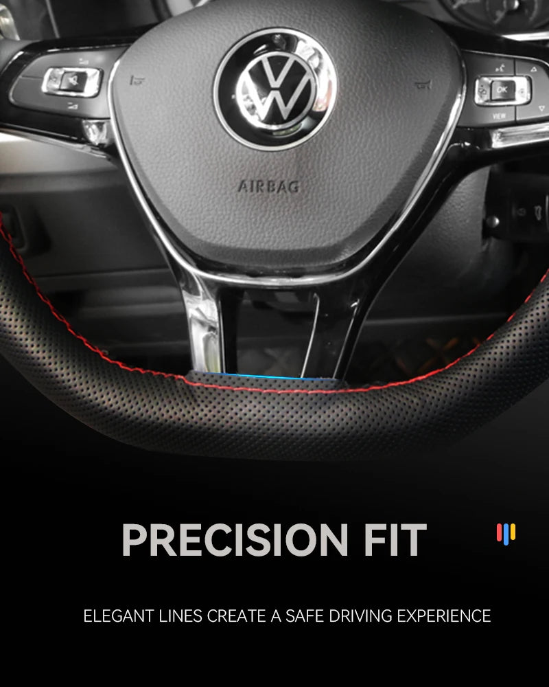 Close-up of a black universal car steering wheel cover with a leather-like grip and airbag housing.