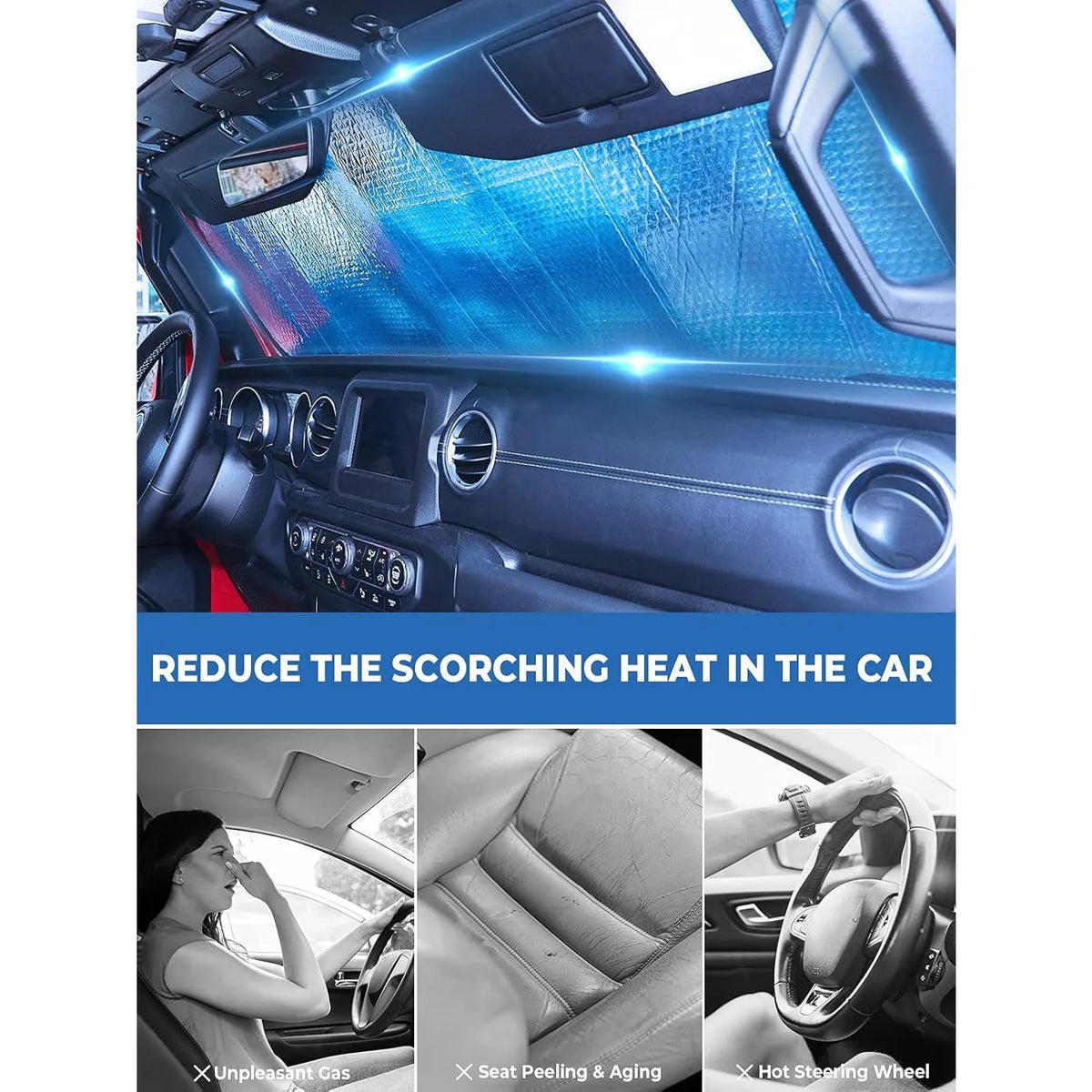 Foldable windshield sunshade for a Jeep or Gladiator vehicle interior view.