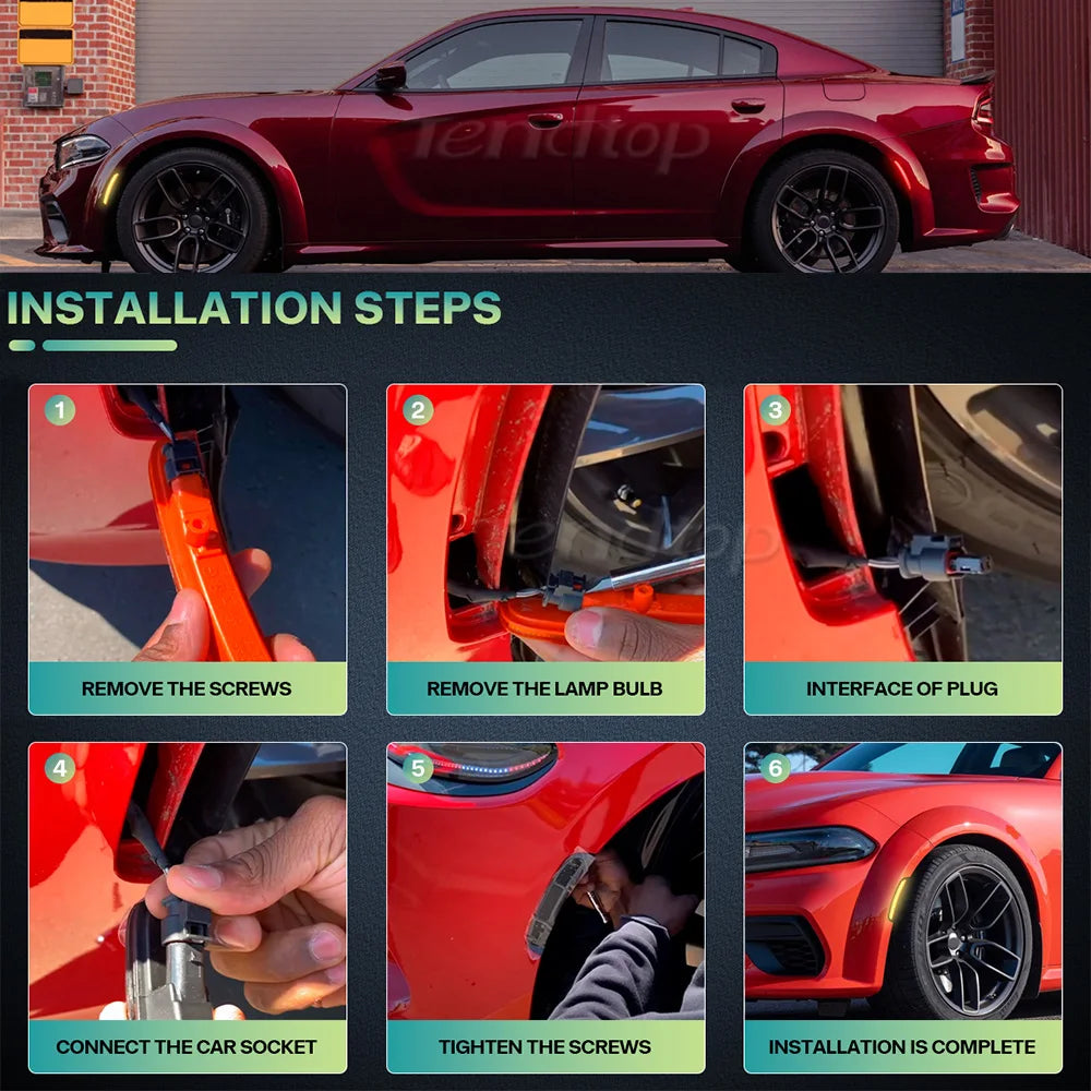 Installation steps for LED side marker lights with dynamic switchback on a red Dodge Charger.