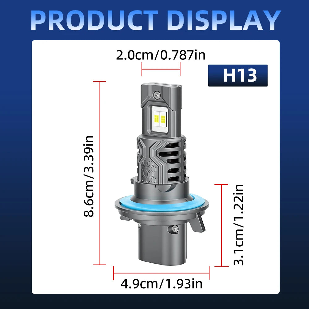 Product display showing an H13 LED headlight bulb with dimensions 2.0cm and 8.6cm.
