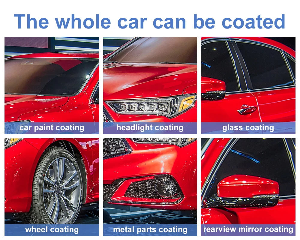 Various coatings applied to a red car including paint, headlights, glass, wheels, metal parts, and rearview mirrors.