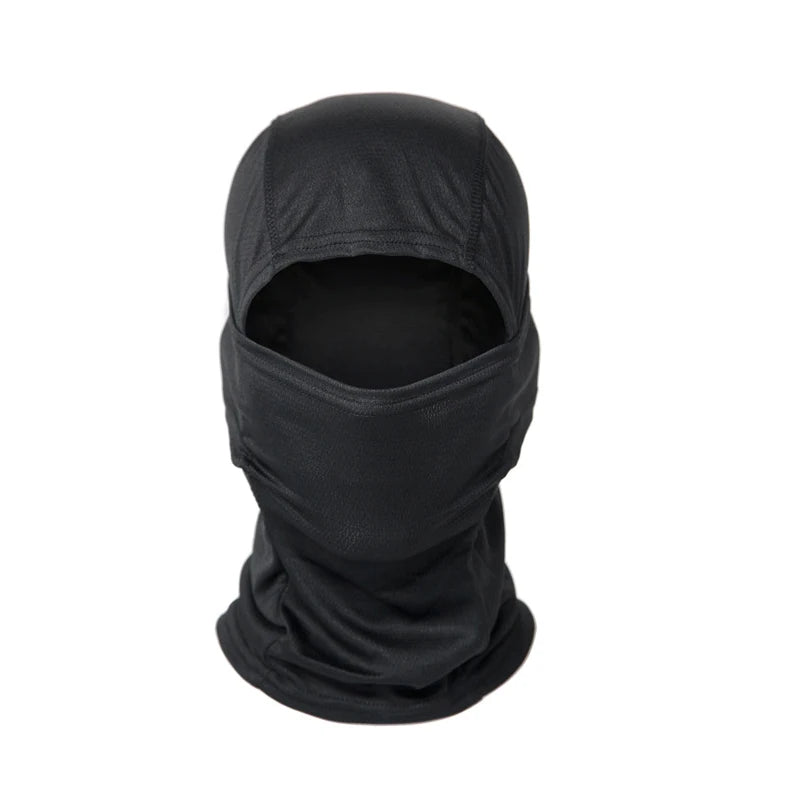 Black multi-functional stretchy balaclava cap worn on a head.